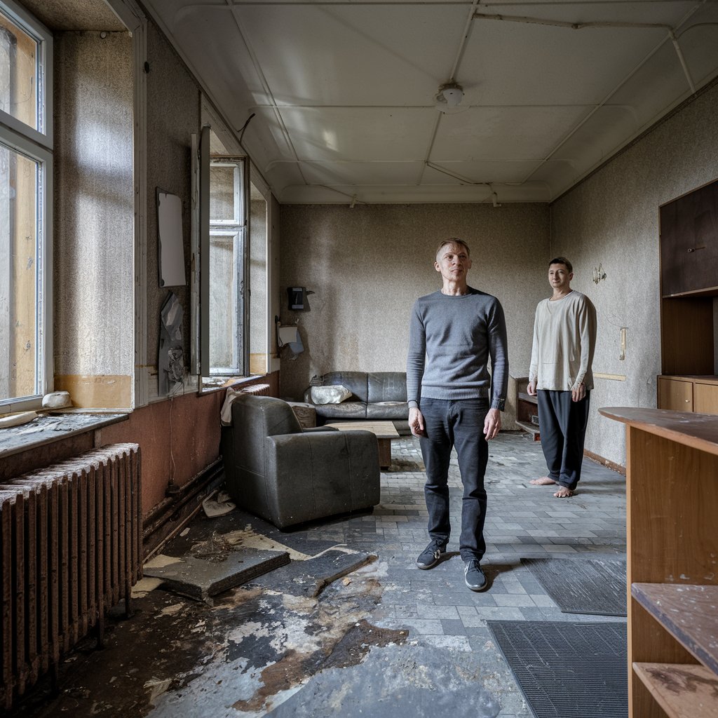 Verwahrloste Wohnung mit Vermieter, der frustriert aussieht, und indifferentem Mieter in einfacher Kleidung.